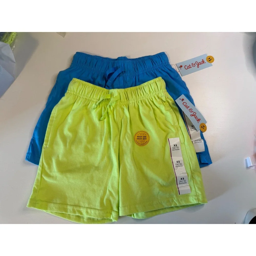 Cat & Jack Kids 2 Pack Jersey Shorts Neon Yellow Blue XS 4/5 Drawstring Pockets